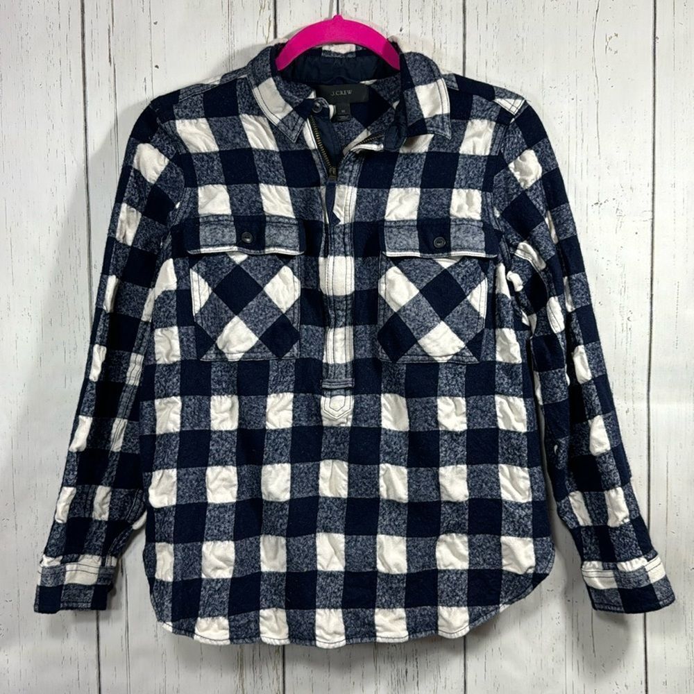 J Crew Womens Pullover Buffalo Check Wool Blend Flannel Blue White  Shirt
